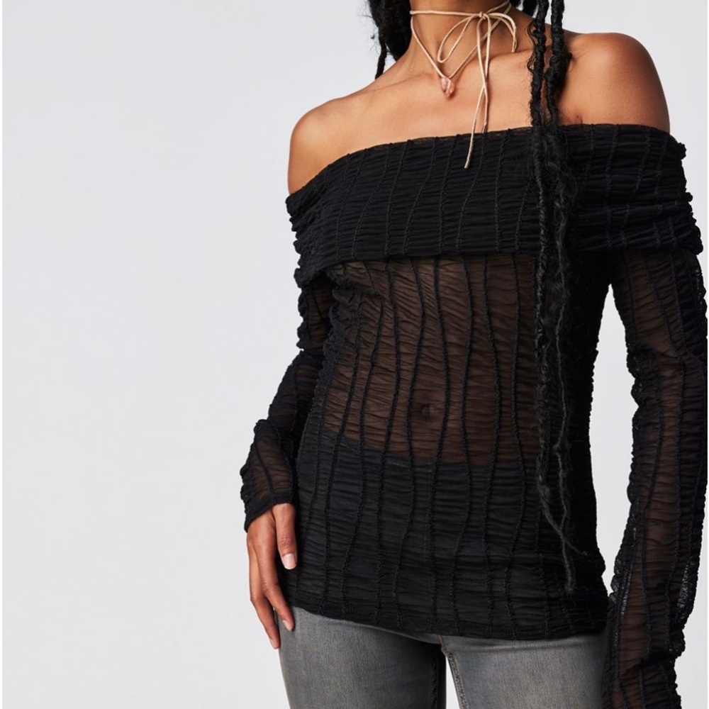 Free People Black Ribbed Off-Shoulder Blouse